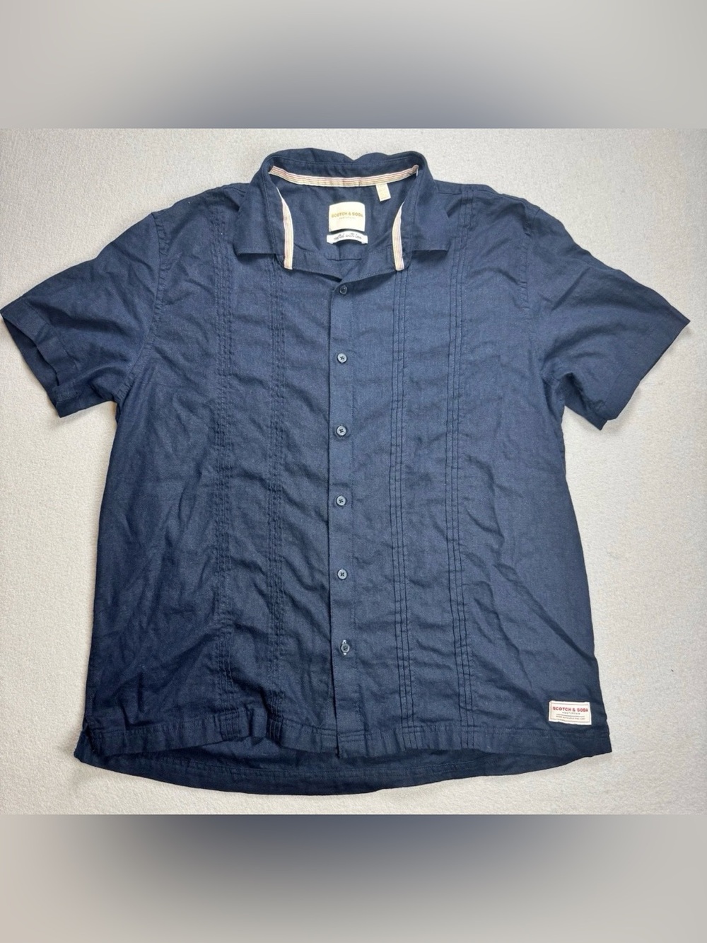 Scotch And Soda Men’s Linen Blend Pintucked Guayabera Button Up Shirt In Navy XL